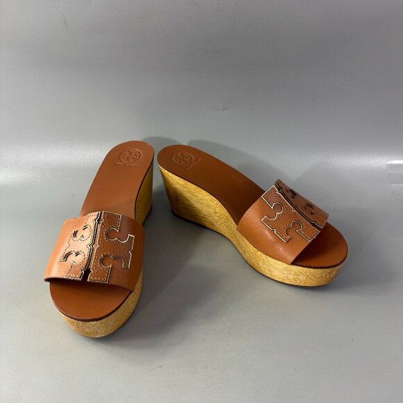 Tory Burch INES Wedge/Slide TAN/ SPARK GOLD Size 6.5 - Picture 1 of 13